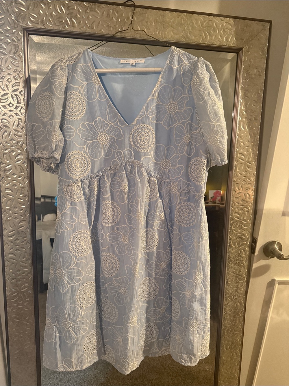 Light Blue Eyelet Floral V-Neck Puff Sleeve Dress